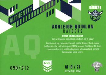 2024 NRL Traders Titanium - Authentics Initials #AI19 Ashleigh Quinlan Back